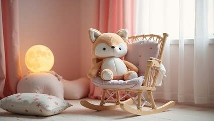 Adorable fox plush toy on rocking chair in cozy nursery with star cushions under moonlight