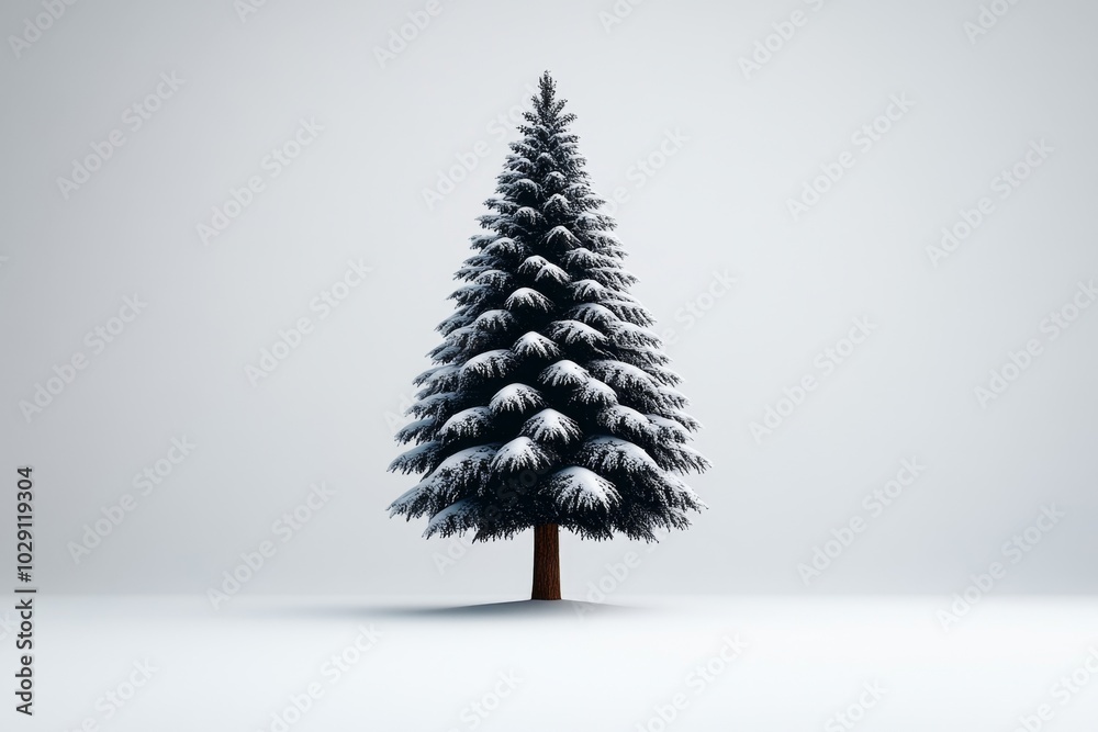 Poster minimalist silhouette of a snow-covered pine tree, with simple, clean lines against a white backgrou