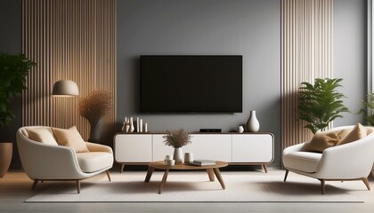 Minimalist interior design of modern living room. White sofas beige leather armchairs against grey wall with tv.