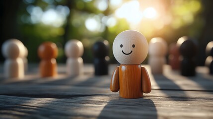 A wooden figurine with a smile stands out among others on a sunlit surface, symbolizing individuality and positivity.