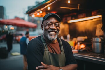 Smiling portrait of a middle aged African American male food truck owner