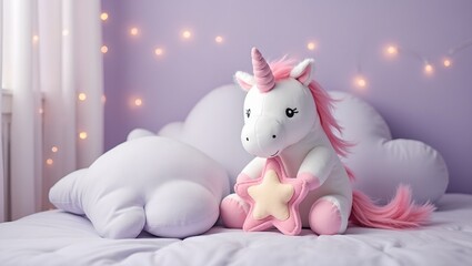 Adorable unicorn plush on cloud with star pillow in lavender nursery