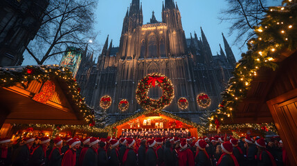 A Christmas choir singing in front of a grand cathedral with large wreaths and lights decorating the buildings facade.
