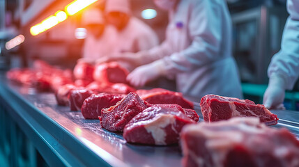 Workers inspecting raw meat on a factory line
