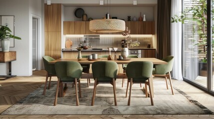 Modern Dining Room with Green Chairs and Wooden Table