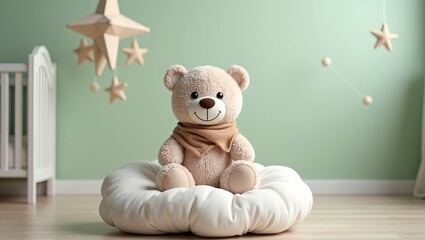 Adorable plush bear on cloud cushion in cozy nursery with star mobile