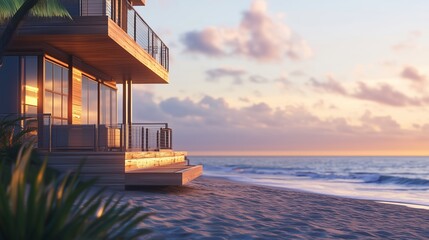 Elegant seaside house at dusk with waves lapping gently against the shore in a serene coastal setting