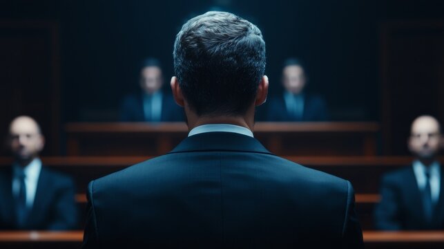 Technocrats in a futuristic courtroom where decisions shape the future