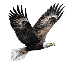 Obraz premium Majestic bald eagle soaring with wings wide open against a white background.