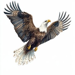 Obraz premium Majestic bald eagle soaring with powerful wings against a white backdrop.