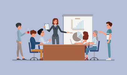 Businesswoman presenting a project on a large screen in a conference room. She stands at the front while a group of clients. Character vector illustration design. Project Presentation concept.