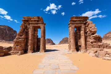 Panorama of an ancient ruin in the desert, with crumbling stone walls and pillars surrounded by sand, highlighting the contrast between history and the timeless desert landscape