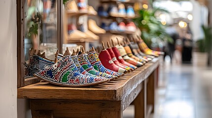 Boomerang Display: Colorful boomerangs arranged on a wooden table, representing Aboriginal culture.