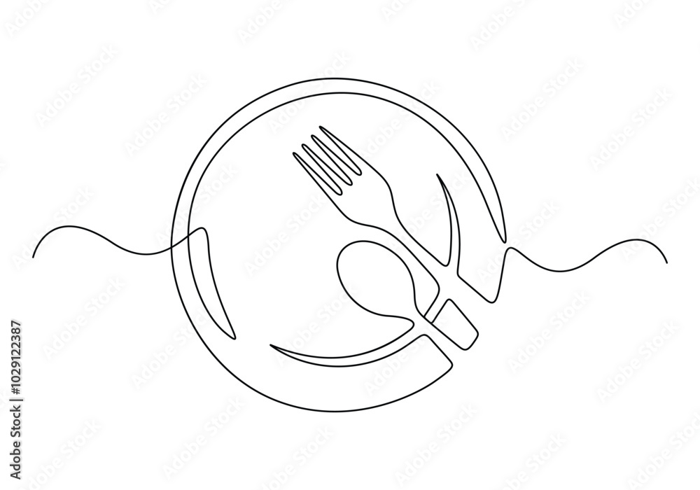 Wall mural Continuous line drawing of plate, spoon, fork. Isolated on white background vector illustration.