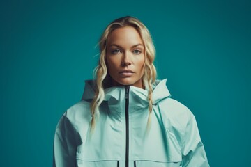 Fototapeta premium Portrait of a content woman in her 30s wearing a functional windbreaker on soft teal background