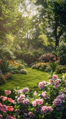 Lush green garden with a variety of blooming flowers, 4K hyperrealistic photo