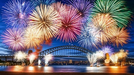 Fireworks Over the Harbor: Explosions of color lighting up the Sydney Harbor Bridge during the grand fireworks display. 