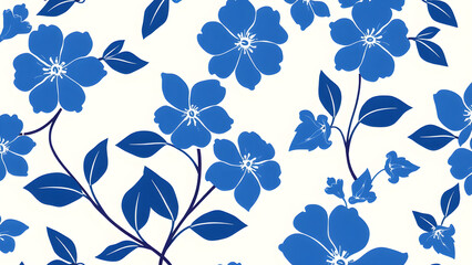 Repeating floral pattern with blue flowers and leaves, Generative AI