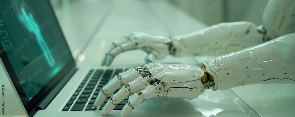 Poster close-up of a robotic hand typing on a laptop, showcasing advanced technology and human-like capabil