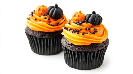 Halloween-themed cupcakes with black and orange frosting, topped with candy pumpkins, isolated on white background