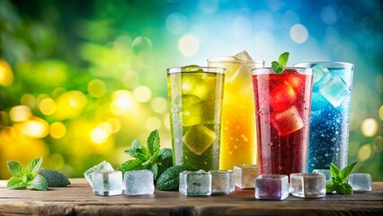Fototapeta premium Refreshing Frozen Beverages Ad Banner Template with Ice Cubes for Summer Promotions