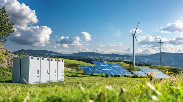 A clean energy site with energy storage batteries, solar panels, and wind turbines in the distance.