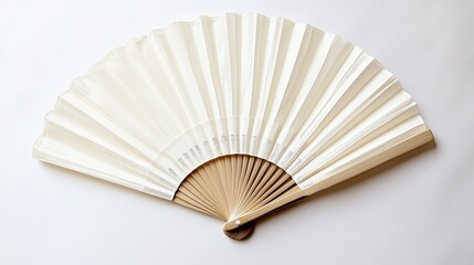 A clean white folding hand fan laid flat against a white background, showing the detailed pleats and handle.