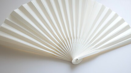A clean white folding hand fan laid flat against a white background, showing the detailed pleats and handle.