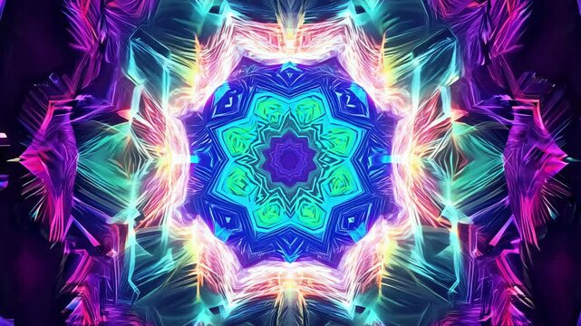 Abstract texture: radiating rainbow fractals. Vibrant fractal shapes in rainbow hues expand and fold into each other, creating a kaleidoscopic, abstract pattern.