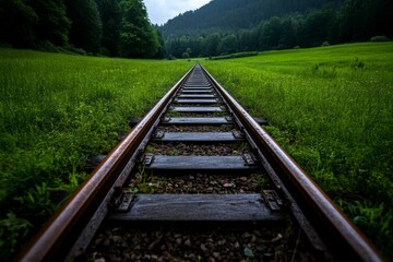 Fototapeta premium Rusted railroad tracks running through an overgrown field, with the once shiny metal now dull and covered in corrosion, symbolizing a forgotten path through time
