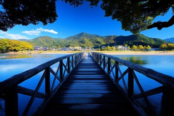 Silhouette of an old wooden bridge, with just the essential lines showing its weathered structure stretching over a river, creating a sense of timeless simplicity