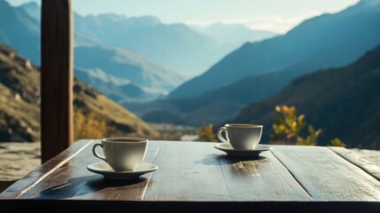 Coffee on a table with a view of the mountains in the background
