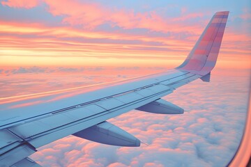 Obraz premium Airplane window view at sunset.