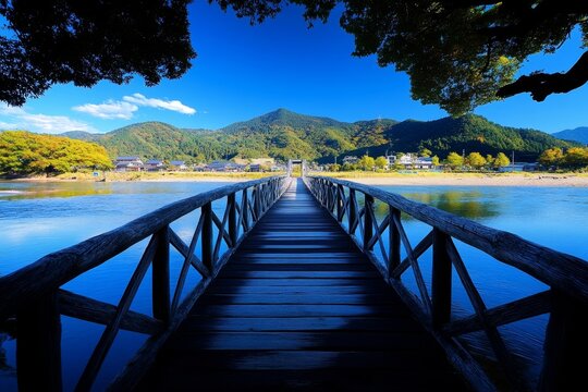 Silhouette of an old wooden bridge, with just the essential lines showing its weathered structure stretching over a river, creating a sense of timeless simplicity
