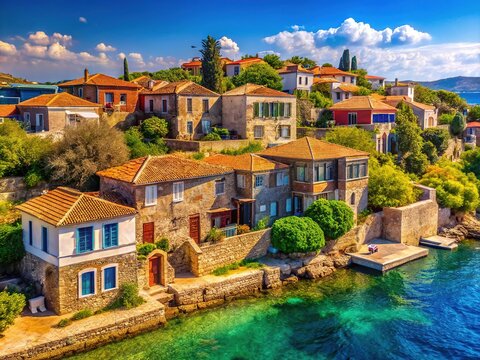 Scenic Landscape Photography of Historical Stone Houses on Cunda Island, Ayvalik, Turkey - Captivating Summer Views in HD Quality