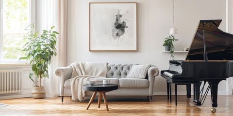 A stylish living room featuring a grand piano, cozy sofa, and minimalistic decor in neutral tones.