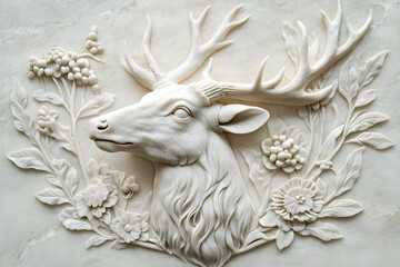 Elegant Marble Deer Relief Sculpture with Floral Motifs,a stunning marble relief sculpture featuring a majestic deer head with intricate floral designs.