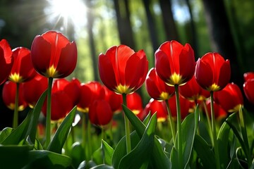 Naklejka premium Tulips growing in an enchanted forest, their petals shimmering with magical energy as sunlight filters through the trees, creating a fairytale-like atmosphere