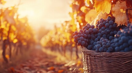 Wicker basket full of colorful grapes, freshly picked and ready for winemaking, with vines in the background.