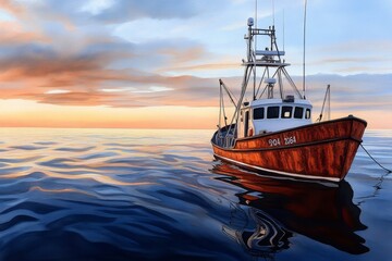 Watercolor depiction of a rusted metal boat, with vibrant, rusty oranges and browns mixing with the soft blues of the sea, capturing the beauty in decay