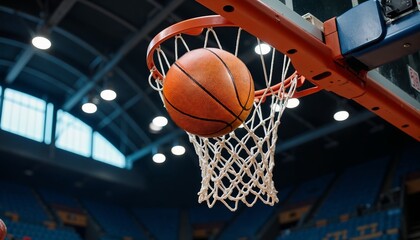 Fototapeta premium Basketball going through hoop in dramatic lighting against dark background