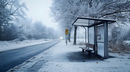 A deserted bus stop on an icy street with a layer of frost covering the bench and sign.
