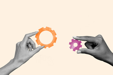 Creative collage picture hands body fragments cogwheel teamwork cooperation organization business...