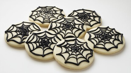 Spider web-themed sugar cookies with black icing and spooky designs, isolated on white background