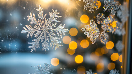 Fototapeta premium A detailed close-up of a frosted window pane with intricate snowflake patterns with a glowing Christmas tree visible in the background.
