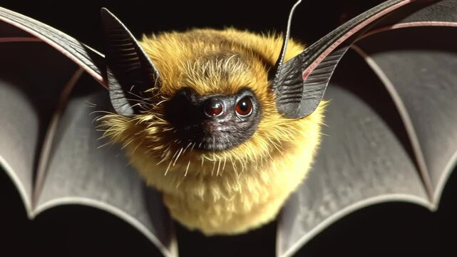 A close-up of a bat showcasing its features and wings in a detailed, dramatic lighting.