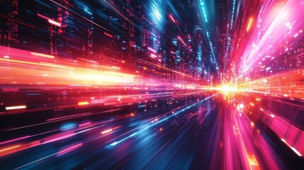 Futuristic abstract with glowing neon lines, reflections, intense contrasts, bold colors, modern art with a high-tech twist, suitable for electronic music posters