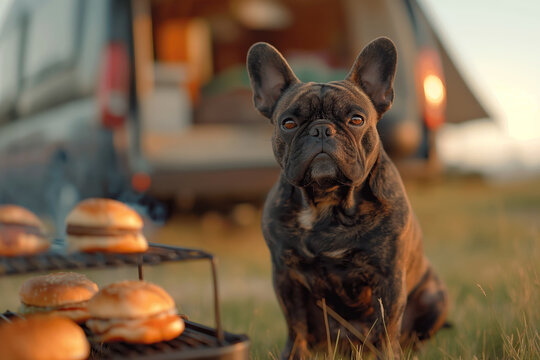 French Bulldog Camping with Grilled Burgers, Outdoor Adventure with Cute Pet Dog