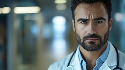 Obraz premium Confident male doctor with a beard, wearing a white coat and stethoscope, looking serious.