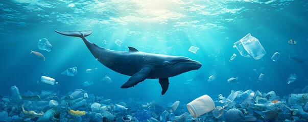Naklejka premium Whale in Polluted Ocean - Endangered Marine Life Struggles Amidst Plastic Waste in Toxic Waters